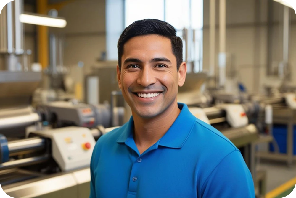 Man in a factory with a confident smile